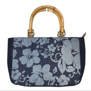 Relic blue floral‎ wooden handle bag EUC
